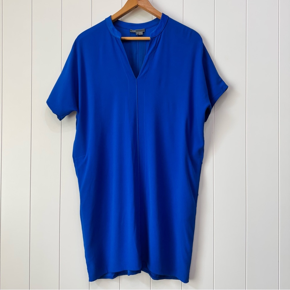 Vince Split Neck Mini Shift Dress Cobalt Blue Women’s Small Silk Collar Stretch